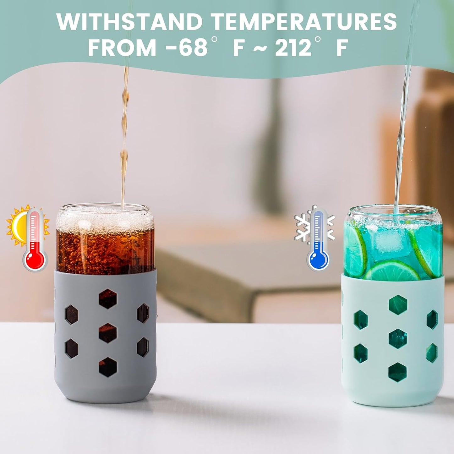 16 oz Glass Cups with Lids and Straws for Gift, 4-Pack, Mint | BPA-free Reusable Iced Coffee Cups with Silicone Sleeves, Dishwasher Safe Glass Drinking Tumbler for Smoothie, Juice & Tea