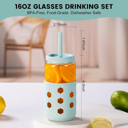 16 oz Glass Cups with Lids and Straws for Gift, 4-Pack, Mint | BPA-free Reusable Iced Coffee Cups with Silicone Sleeves, Dishwasher Safe Glass Drinking Tumbler for Smoothie, Juice & Tea