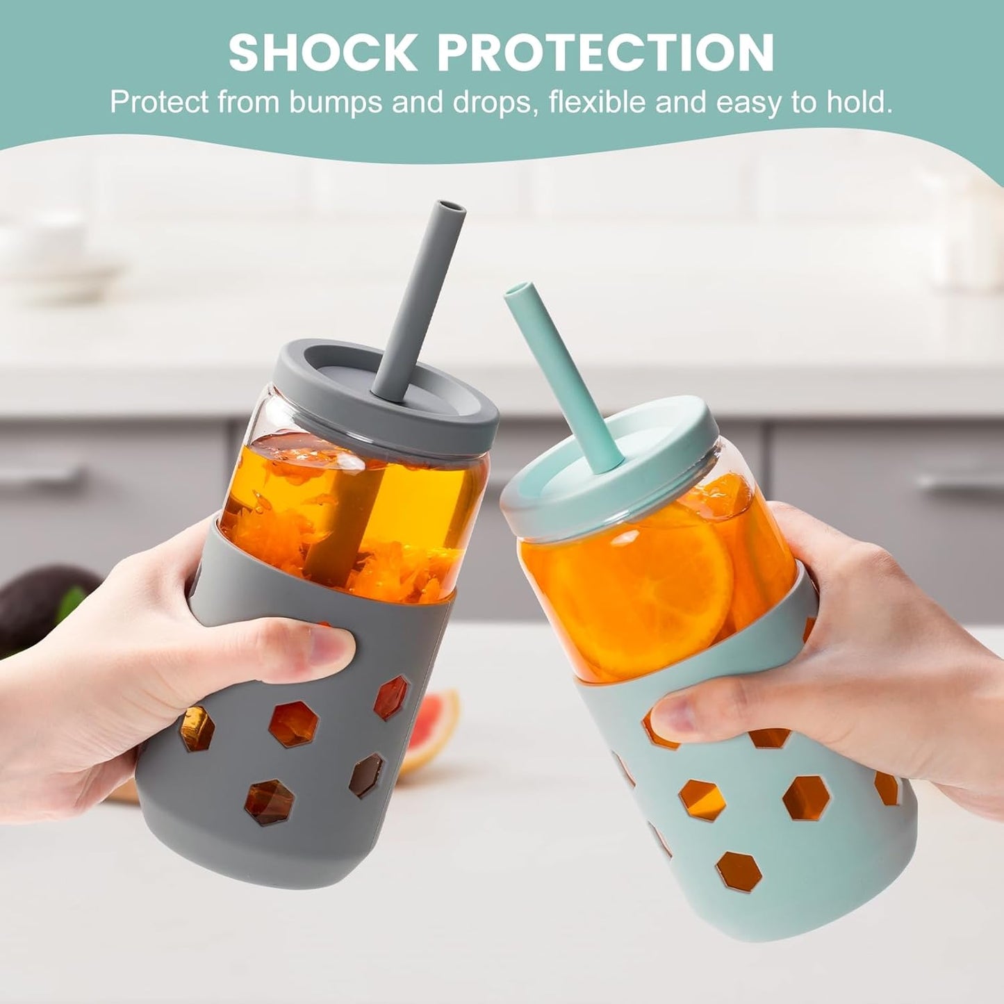 16 oz Glass Cups with Lids and Straws for Gift, 4-Pack, Mint | BPA-free Reusable Iced Coffee Cups with Silicone Sleeves, Dishwasher Safe Glass Drinking Tumbler for Smoothie, Juice & Tea