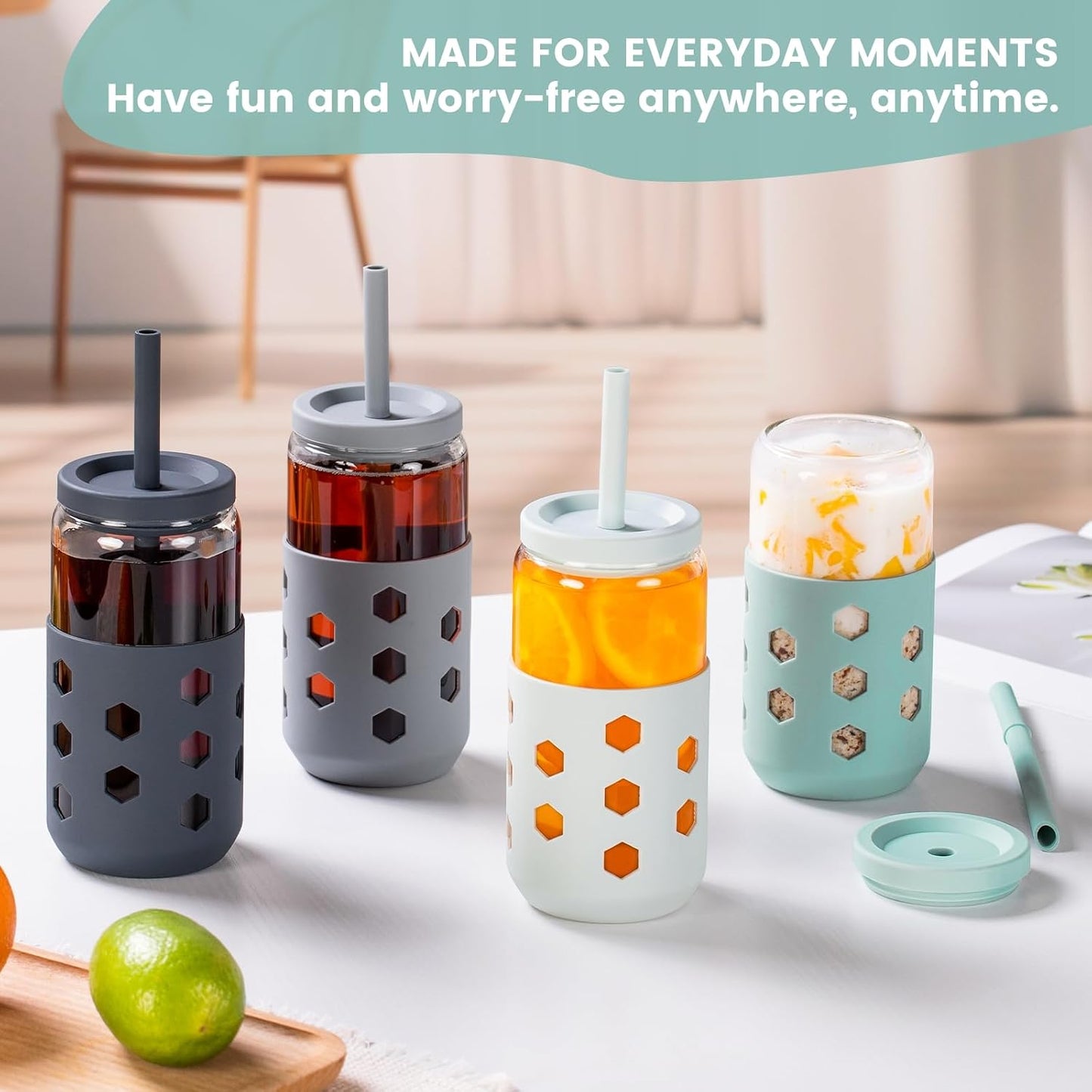 16 oz Glass Cups with Lids and Straws for Gift, 4-Pack, Mint | BPA-free Reusable Iced Coffee Cups with Silicone Sleeves, Dishwasher Safe Glass Drinking Tumbler for Smoothie, Juice & Tea