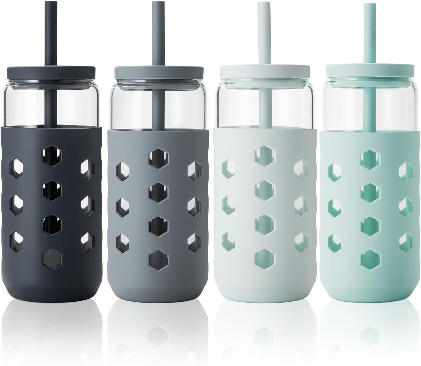 16 oz Glass Cups with Lids and Straws for Gift, 4-Pack, Mint | BPA-free Reusable Iced Coffee Cups with Silicone Sleeves, Dishwasher Safe Glass Drinking Tumbler for Smoothie, Juice & Tea