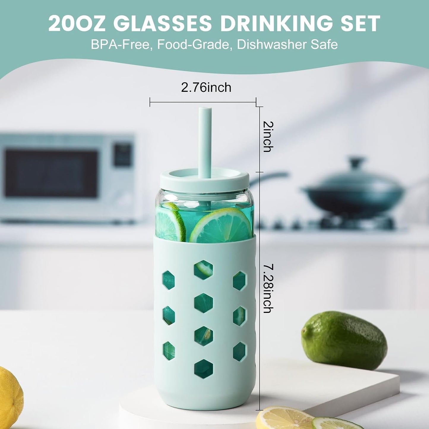 16 oz Glass Cups with Lids and Straws for Gift, 4-Pack, Mint | BPA-free Reusable Iced Coffee Cups with Silicone Sleeves, Dishwasher Safe Glass Drinking Tumbler for Smoothie, Juice & Tea