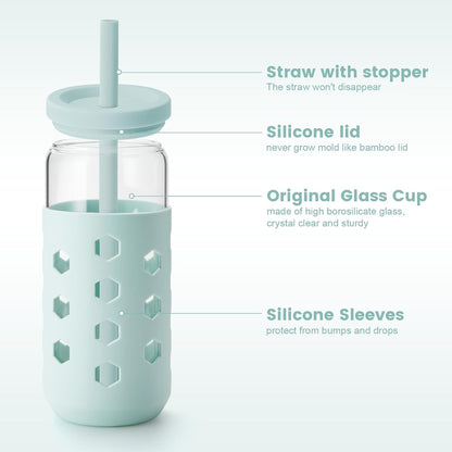 16 oz Glass Cups with Lids and Straws for Gift, 4-Pack, Mint | BPA-free Reusable Iced Coffee Cups with Silicone Sleeves, Dishwasher Safe Glass Drinking Tumbler for Smoothie, Juice & Tea