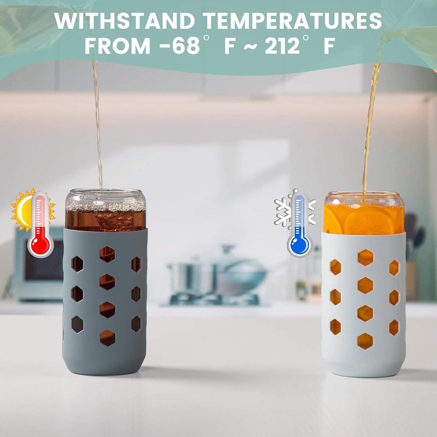 16 oz Glass Cups with Lids and Straws for Gift, 4-Pack, Mint | BPA-free Reusable Iced Coffee Cups with Silicone Sleeves, Dishwasher Safe Glass Drinking Tumbler for Smoothie, Juice & Tea