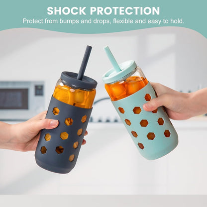 16 oz Glass Cups with Lids and Straws for Gift, 4-Pack, Mint | BPA-free Reusable Iced Coffee Cups with Silicone Sleeves, Dishwasher Safe Glass Drinking Tumbler for Smoothie, Juice & Tea