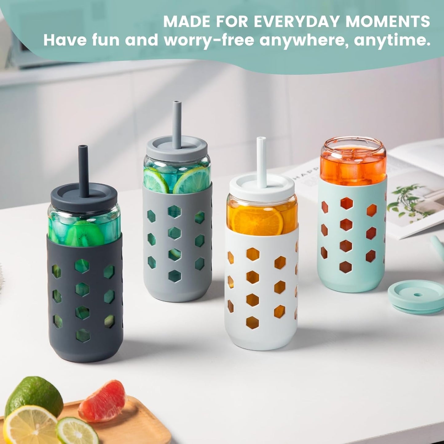 16 oz Glass Cups with Lids and Straws for Gift, 4-Pack, Mint | BPA-free Reusable Iced Coffee Cups with Silicone Sleeves, Dishwasher Safe Glass Drinking Tumbler for Smoothie, Juice & Tea