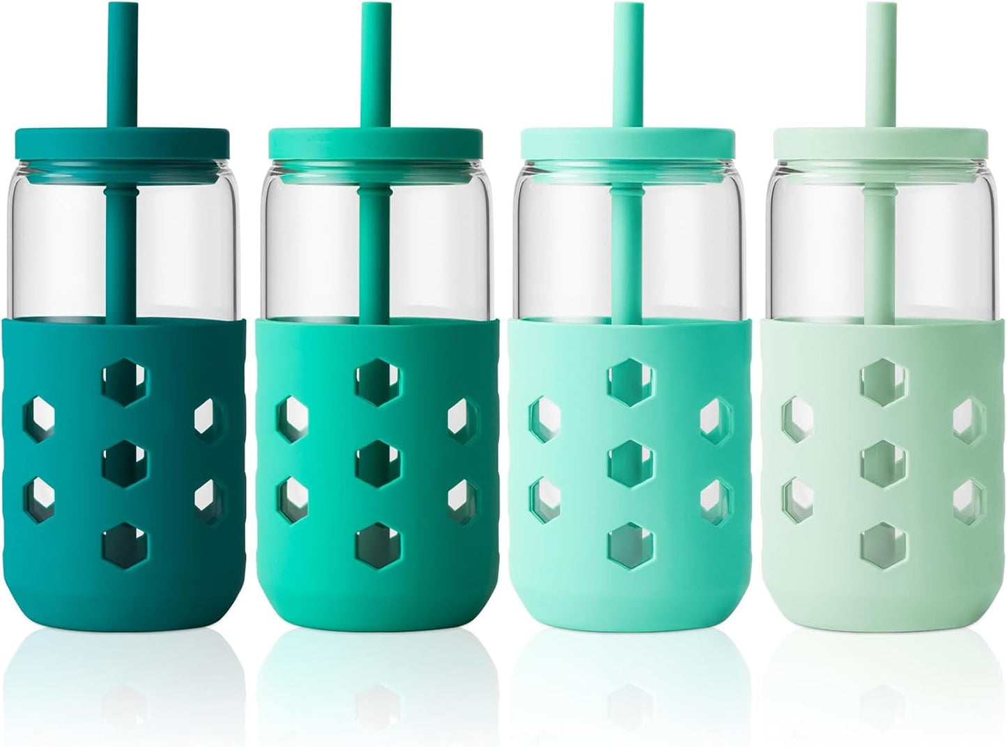 16 oz Glass Cups with Lids and Straws for Gift, 4-Pack, Mint | BPA-free Reusable Iced Coffee Cups with Silicone Sleeves, Dishwasher Safe Glass Drinking Tumbler for Smoothie, Juice & Tea