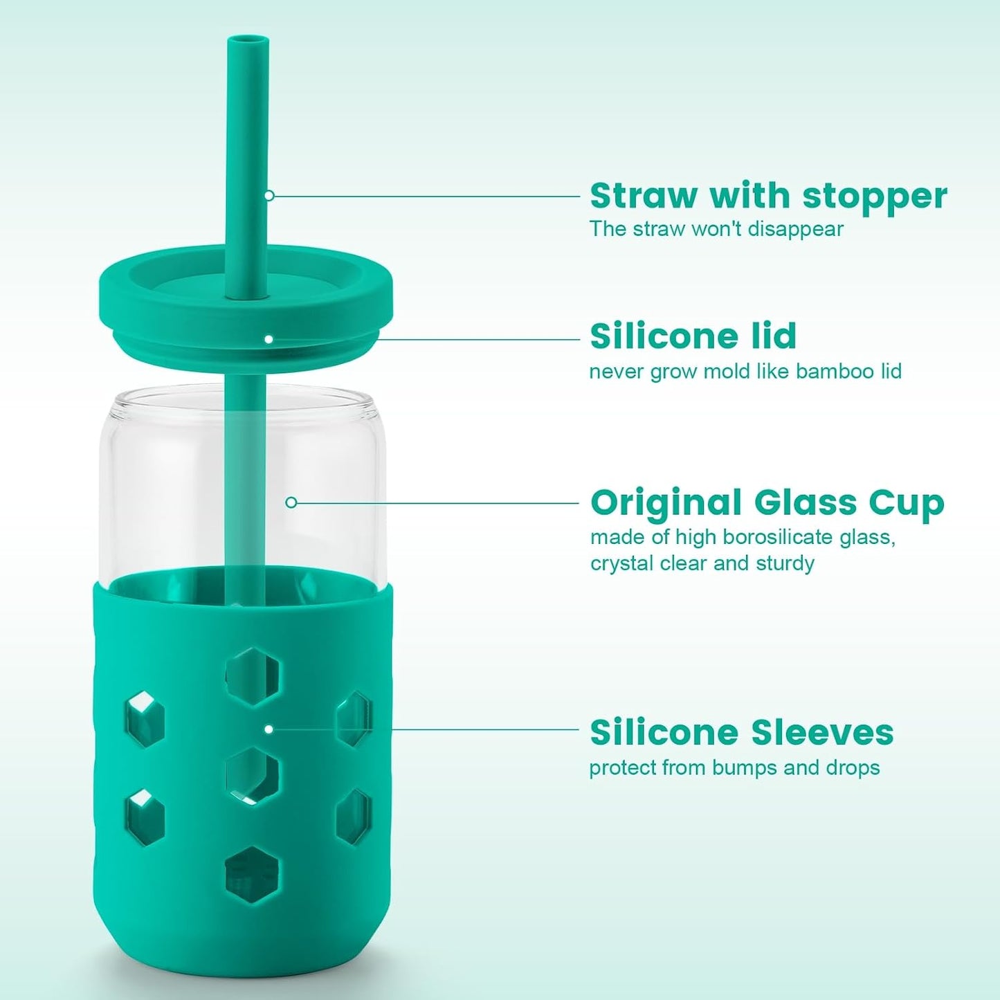 16 oz Glass Cups with Lids and Straws for Gift, 4-Pack, Mint | BPA-free Reusable Iced Coffee Cups with Silicone Sleeves, Dishwasher Safe Glass Drinking Tumbler for Smoothie, Juice & Tea