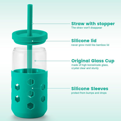16 oz Glass Cups with Lids and Straws for Gift, 4-Pack, Mint | BPA-free Reusable Iced Coffee Cups with Silicone Sleeves, Dishwasher Safe Glass Drinking Tumbler for Smoothie, Juice & Tea