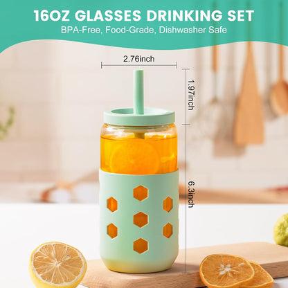 16 oz Glass Cups with Lids and Straws for Gift, 4-Pack, Mint | BPA-free Reusable Iced Coffee Cups with Silicone Sleeves, Dishwasher Safe Glass Drinking Tumbler for Smoothie, Juice & Tea