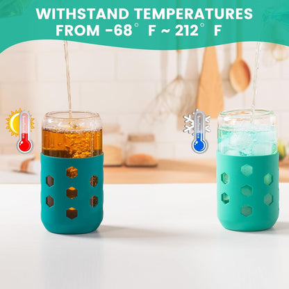 16 oz Glass Cups with Lids and Straws for Gift, 4-Pack, Mint | BPA-free Reusable Iced Coffee Cups with Silicone Sleeves, Dishwasher Safe Glass Drinking Tumbler for Smoothie, Juice & Tea