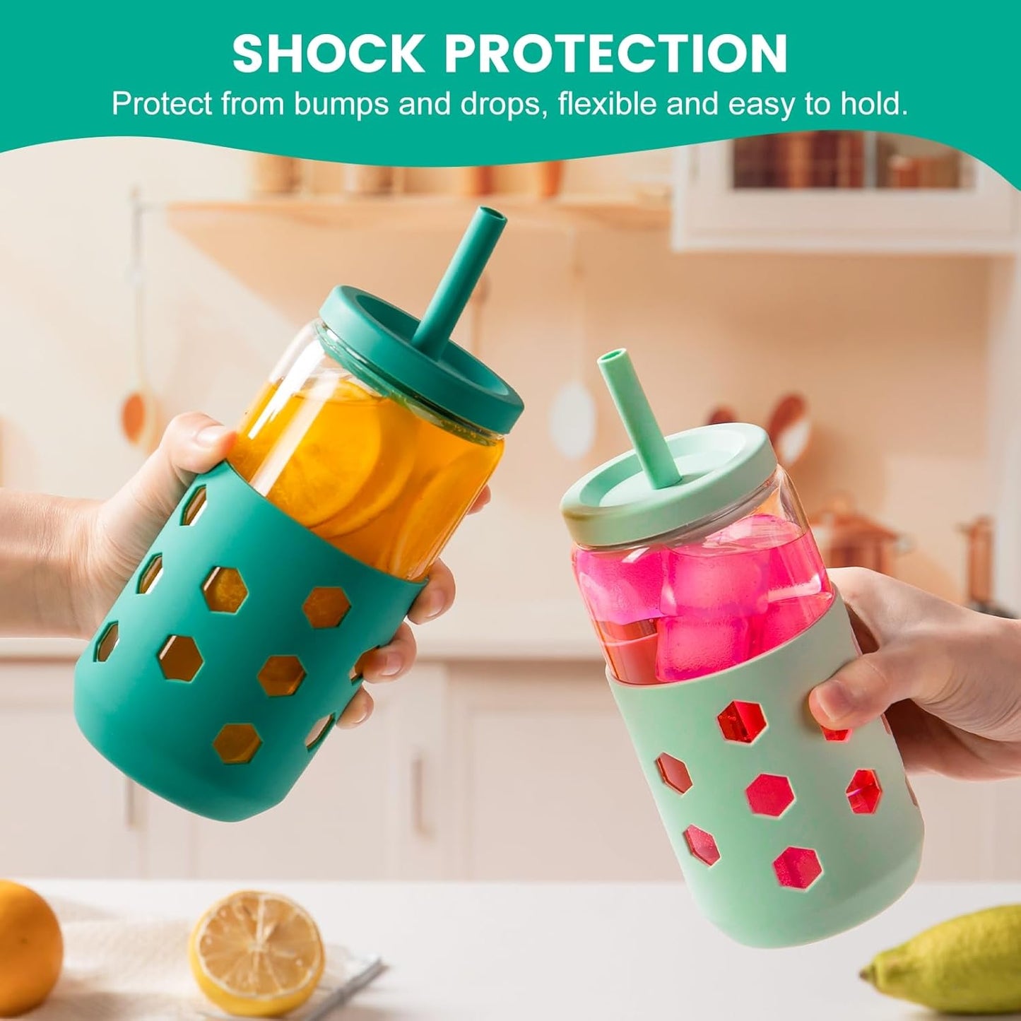 16 oz Glass Cups with Lids and Straws for Gift, 4-Pack, Mint | BPA-free Reusable Iced Coffee Cups with Silicone Sleeves, Dishwasher Safe Glass Drinking Tumbler for Smoothie, Juice & Tea