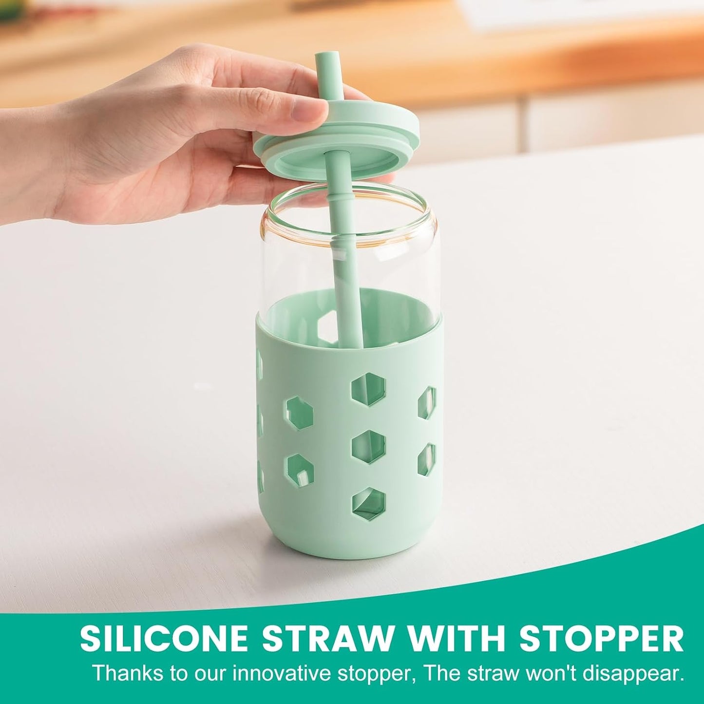 16 oz Glass Cups with Lids and Straws for Gift, 4-Pack, Mint | BPA-free Reusable Iced Coffee Cups with Silicone Sleeves, Dishwasher Safe Glass Drinking Tumbler for Smoothie, Juice & Tea