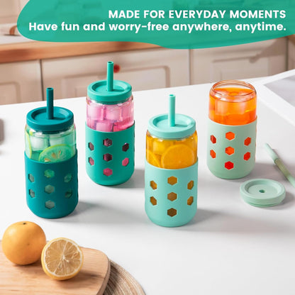 16 oz Glass Cups with Lids and Straws for Gift, 4-Pack, Mint | BPA-free Reusable Iced Coffee Cups with Silicone Sleeves, Dishwasher Safe Glass Drinking Tumbler for Smoothie, Juice & Tea