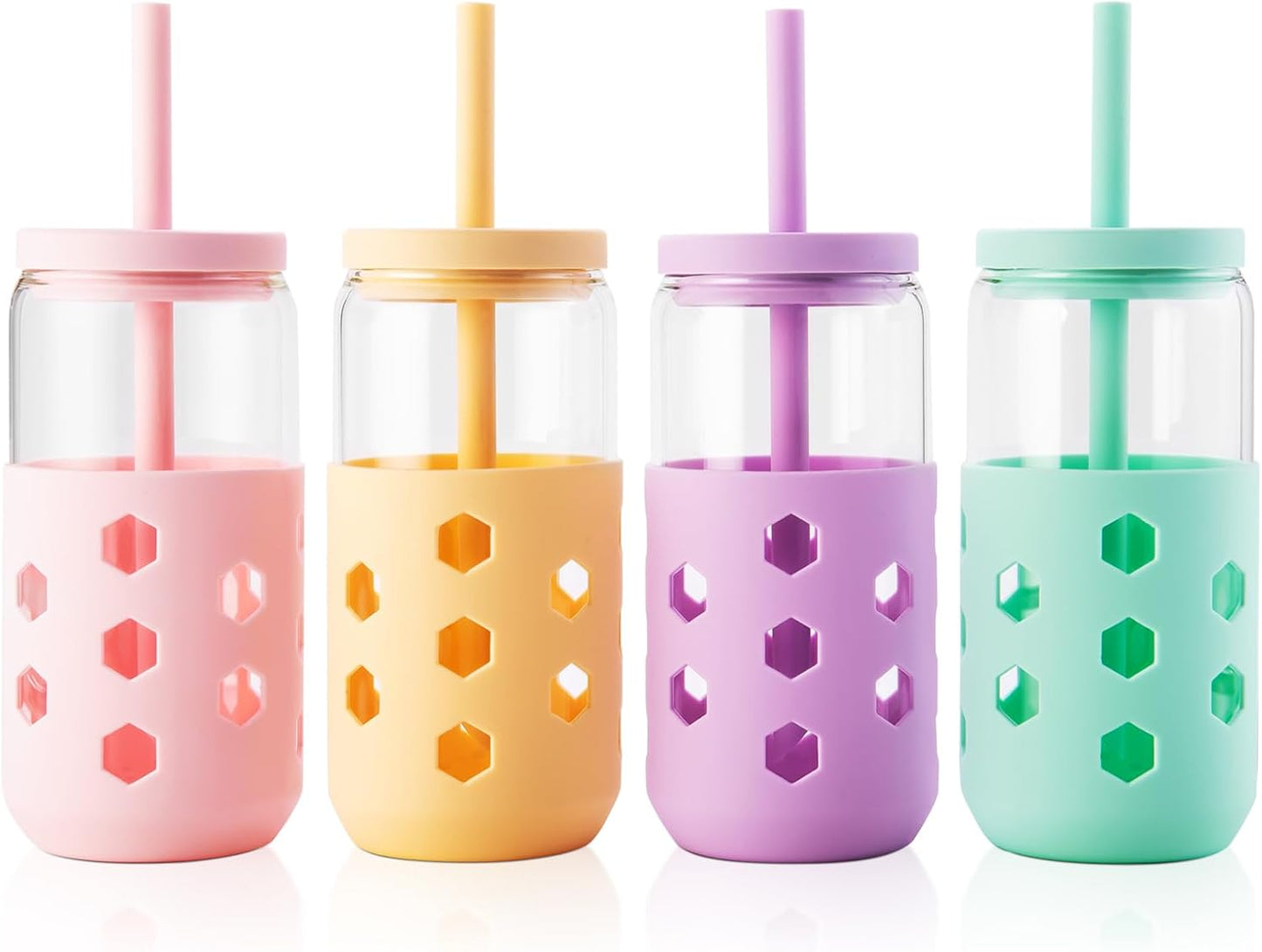 16 oz Glass Cups with Lids and Straws for Gift, 4-Pack, Mint | BPA-free Reusable Iced Coffee Cups with Silicone Sleeves, Dishwasher Safe Glass Drinking Tumbler for Smoothie, Juice & Tea