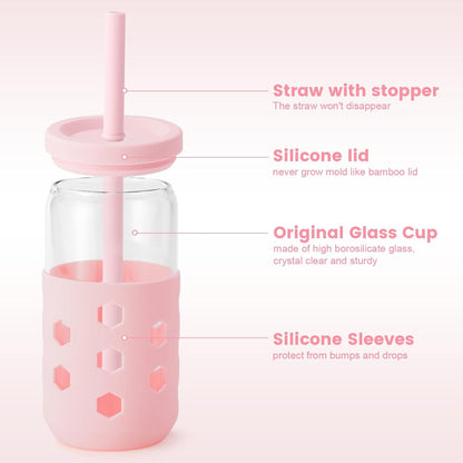 16 oz Glass Cups with Lids and Straws for Gift, 4-Pack, Mint | BPA-free Reusable Iced Coffee Cups with Silicone Sleeves, Dishwasher Safe Glass Drinking Tumbler for Smoothie, Juice & Tea