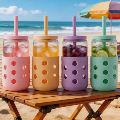 16 oz Glass Cups with Lids and Straws for Gift, 4-Pack, Mint | BPA-free Reusable Iced Coffee Cups with Silicone Sleeves, Dishwasher Safe Glass Drinking Tumbler for Smoothie, Juice & Tea