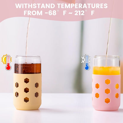 16 oz Glass Cups with Lids and Straws for Gift, 4-Pack, Mint | BPA-free Reusable Iced Coffee Cups with Silicone Sleeves, Dishwasher Safe Glass Drinking Tumbler for Smoothie, Juice & Tea