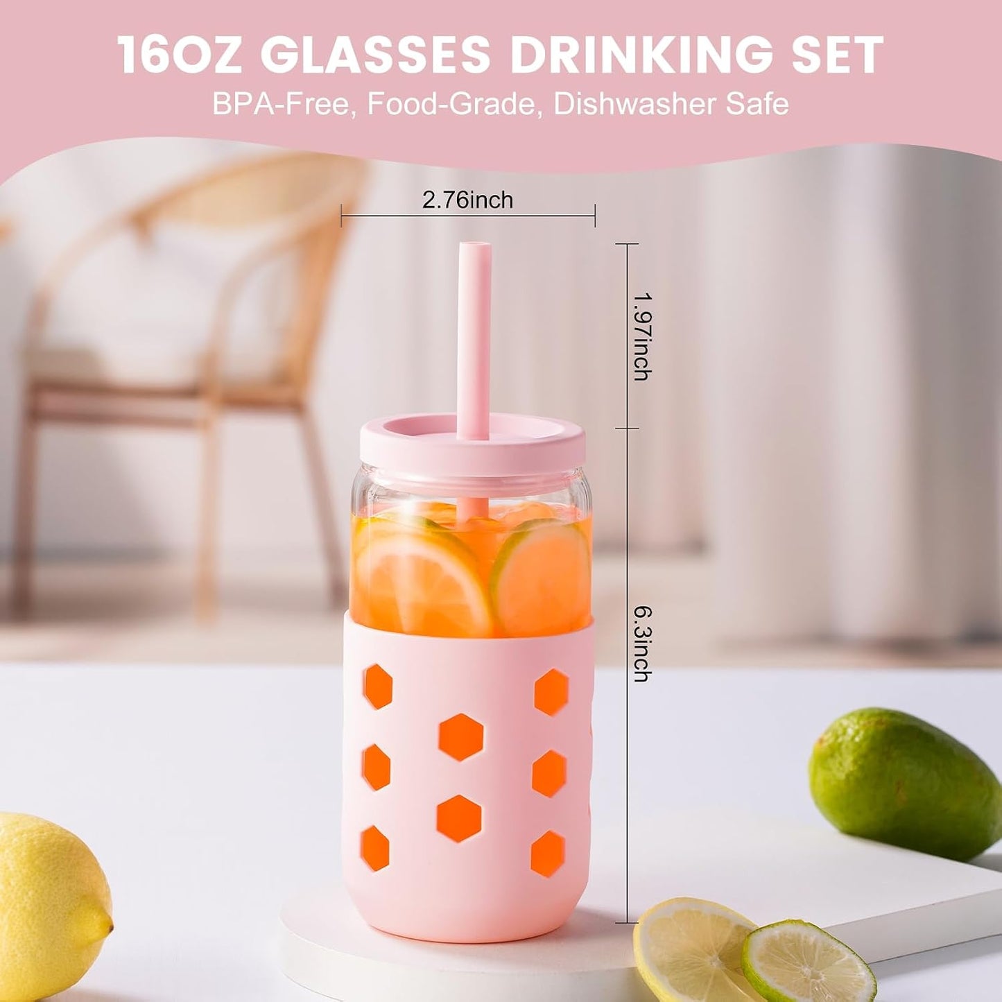 16 oz Glass Cups with Lids and Straws for Gift, 4-Pack, Mint | BPA-free Reusable Iced Coffee Cups with Silicone Sleeves, Dishwasher Safe Glass Drinking Tumbler for Smoothie, Juice & Tea