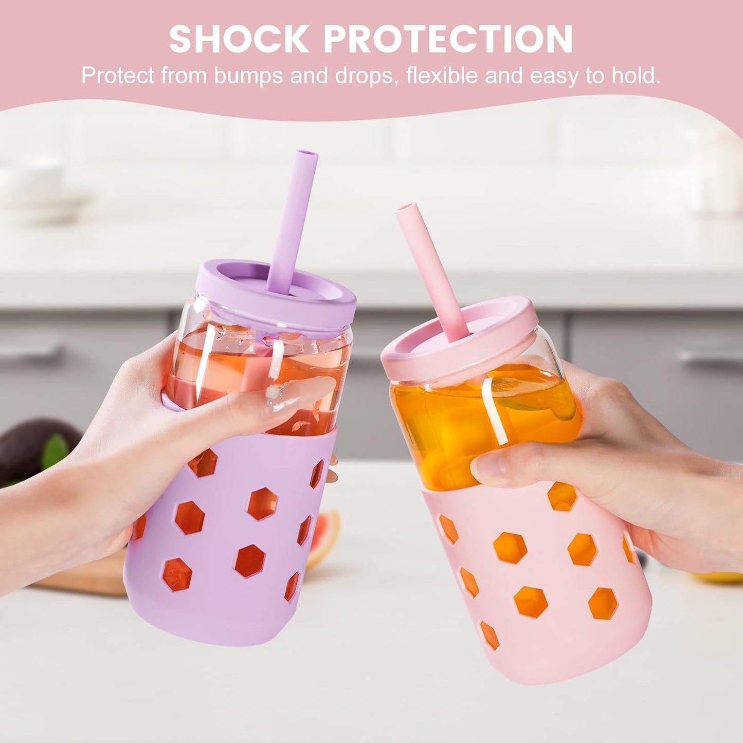 16 oz Glass Cups with Lids and Straws for Gift, 4-Pack, Mint | BPA-free Reusable Iced Coffee Cups with Silicone Sleeves, Dishwasher Safe Glass Drinking Tumbler for Smoothie, Juice & Tea