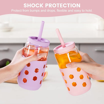 16 oz Glass Cups with Lids and Straws for Gift, 4-Pack, Mint | BPA-free Reusable Iced Coffee Cups with Silicone Sleeves, Dishwasher Safe Glass Drinking Tumbler for Smoothie, Juice & Tea
