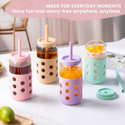 16 oz Glass Cups with Lids and Straws for Gift, 4-Pack, Mint | BPA-free Reusable Iced Coffee Cups with Silicone Sleeves, Dishwasher Safe Glass Drinking Tumbler for Smoothie, Juice & Tea