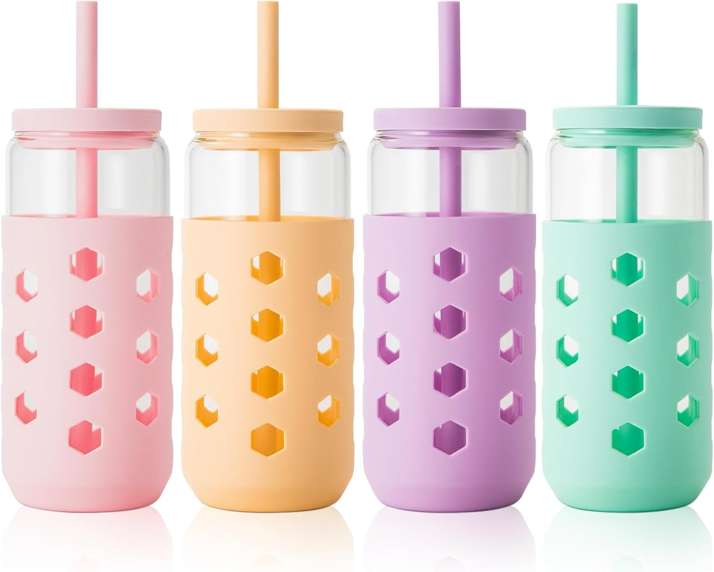 16 oz Glass Cups with Lids and Straws for Gift, 4-Pack, Mint | BPA-free Reusable Iced Coffee Cups with Silicone Sleeves, Dishwasher Safe Glass Drinking Tumbler for Smoothie, Juice & Tea