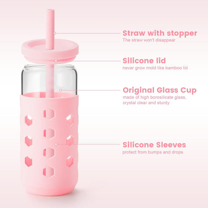 16 oz Glass Cups with Lids and Straws for Gift, 4-Pack, Mint | BPA-free Reusable Iced Coffee Cups with Silicone Sleeves, Dishwasher Safe Glass Drinking Tumbler for Smoothie, Juice & Tea