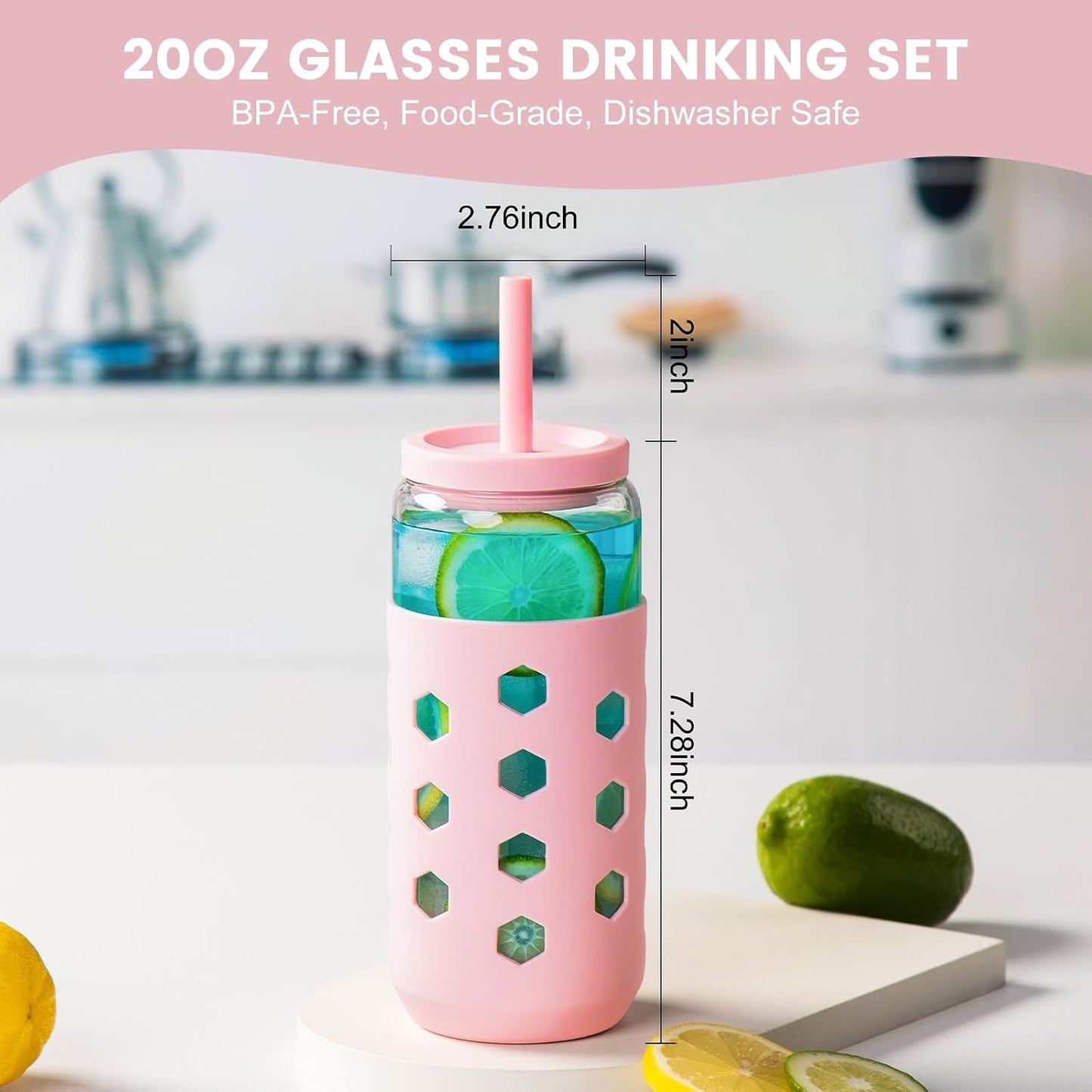 16 oz Glass Cups with Lids and Straws for Gift, 4-Pack, Mint | BPA-free Reusable Iced Coffee Cups with Silicone Sleeves, Dishwasher Safe Glass Drinking Tumbler for Smoothie, Juice & Tea