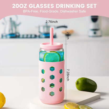 16 oz Glass Cups with Lids and Straws for Gift, 4-Pack, Mint | BPA-free Reusable Iced Coffee Cups with Silicone Sleeves, Dishwasher Safe Glass Drinking Tumbler for Smoothie, Juice & Tea