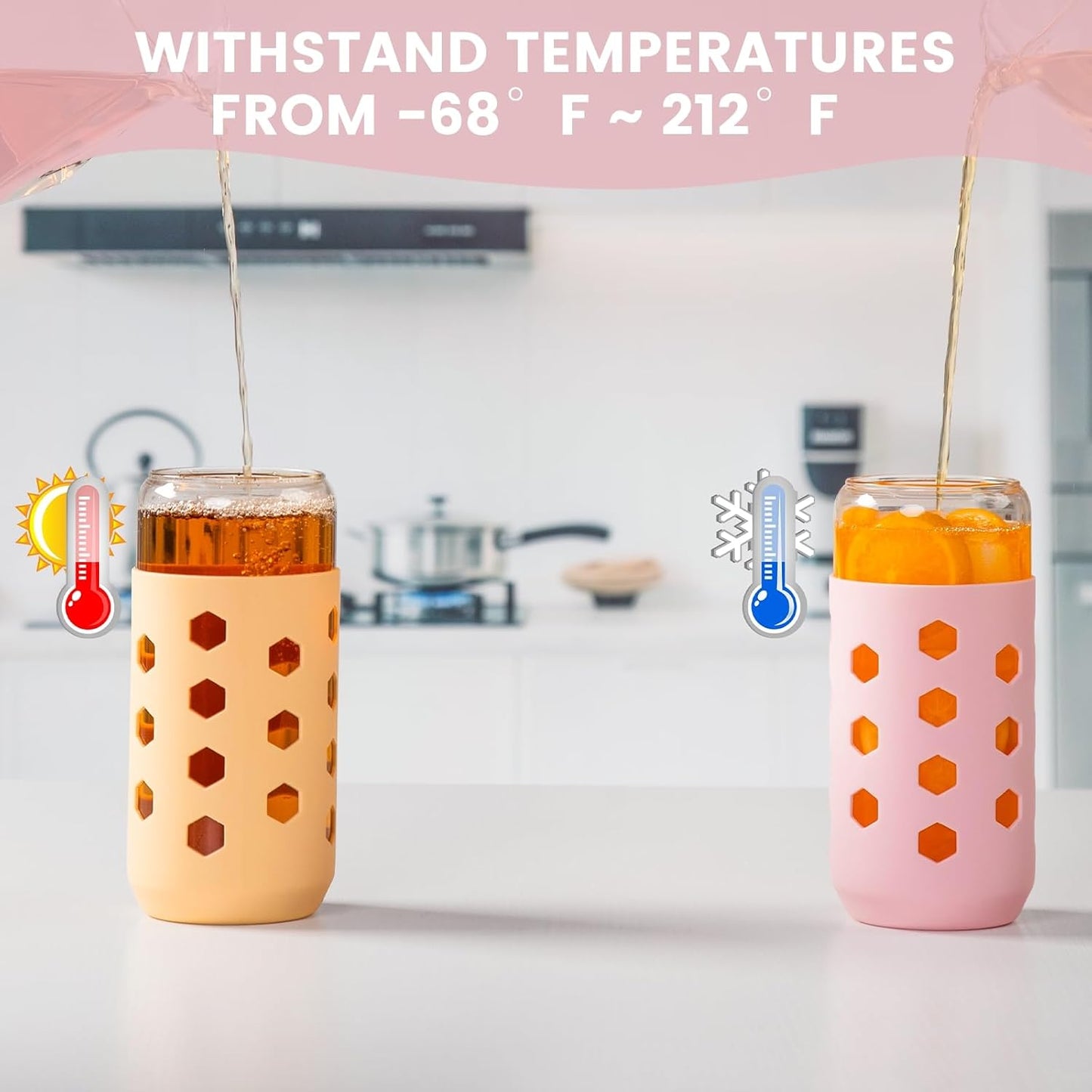 16 oz Glass Cups with Lids and Straws for Gift, 4-Pack, Mint | BPA-free Reusable Iced Coffee Cups with Silicone Sleeves, Dishwasher Safe Glass Drinking Tumbler for Smoothie, Juice & Tea