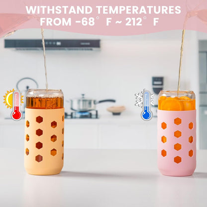 16 oz Glass Cups with Lids and Straws for Gift, 4-Pack, Mint | BPA-free Reusable Iced Coffee Cups with Silicone Sleeves, Dishwasher Safe Glass Drinking Tumbler for Smoothie, Juice & Tea