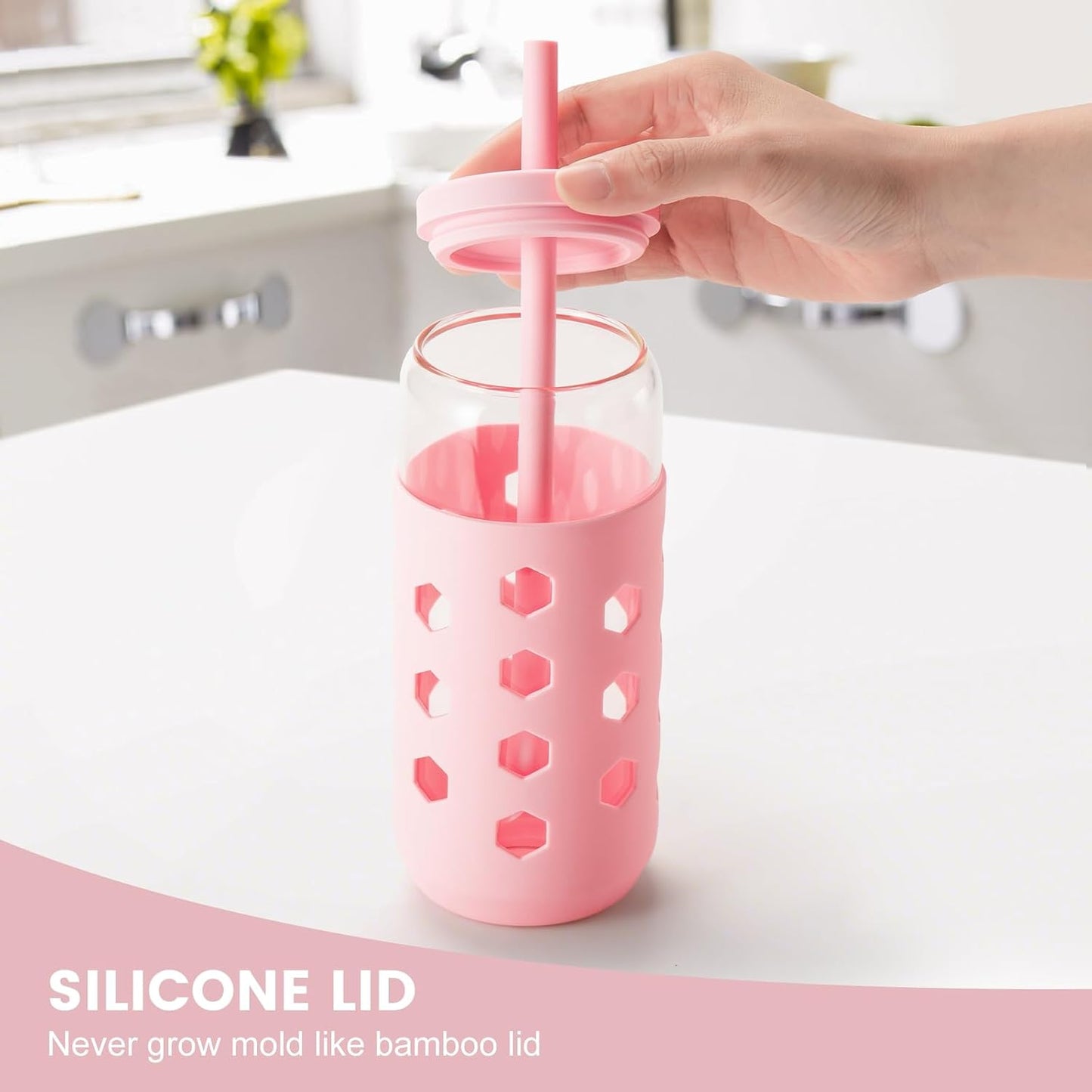 16 oz Glass Cups with Lids and Straws for Gift, 4-Pack, Mint | BPA-free Reusable Iced Coffee Cups with Silicone Sleeves, Dishwasher Safe Glass Drinking Tumbler for Smoothie, Juice & Tea