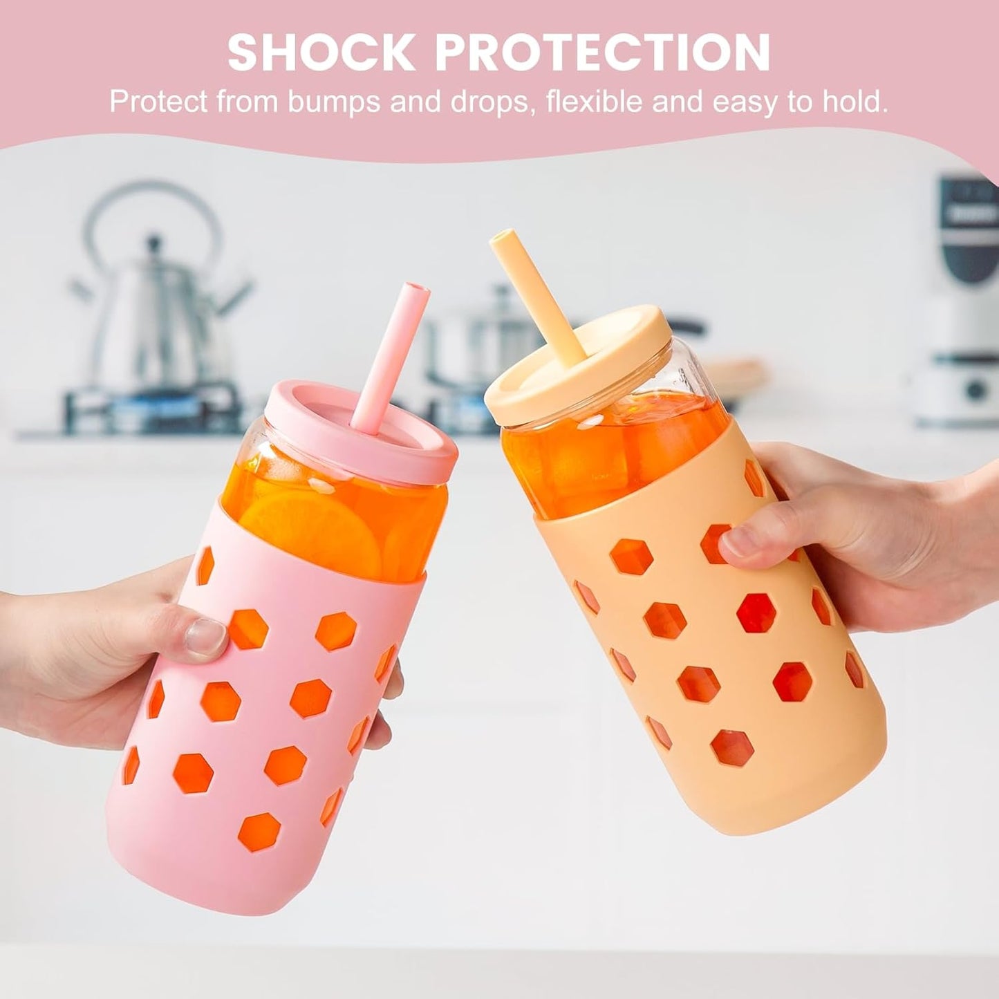 16 oz Glass Cups with Lids and Straws for Gift, 4-Pack, Mint | BPA-free Reusable Iced Coffee Cups with Silicone Sleeves, Dishwasher Safe Glass Drinking Tumbler for Smoothie, Juice & Tea