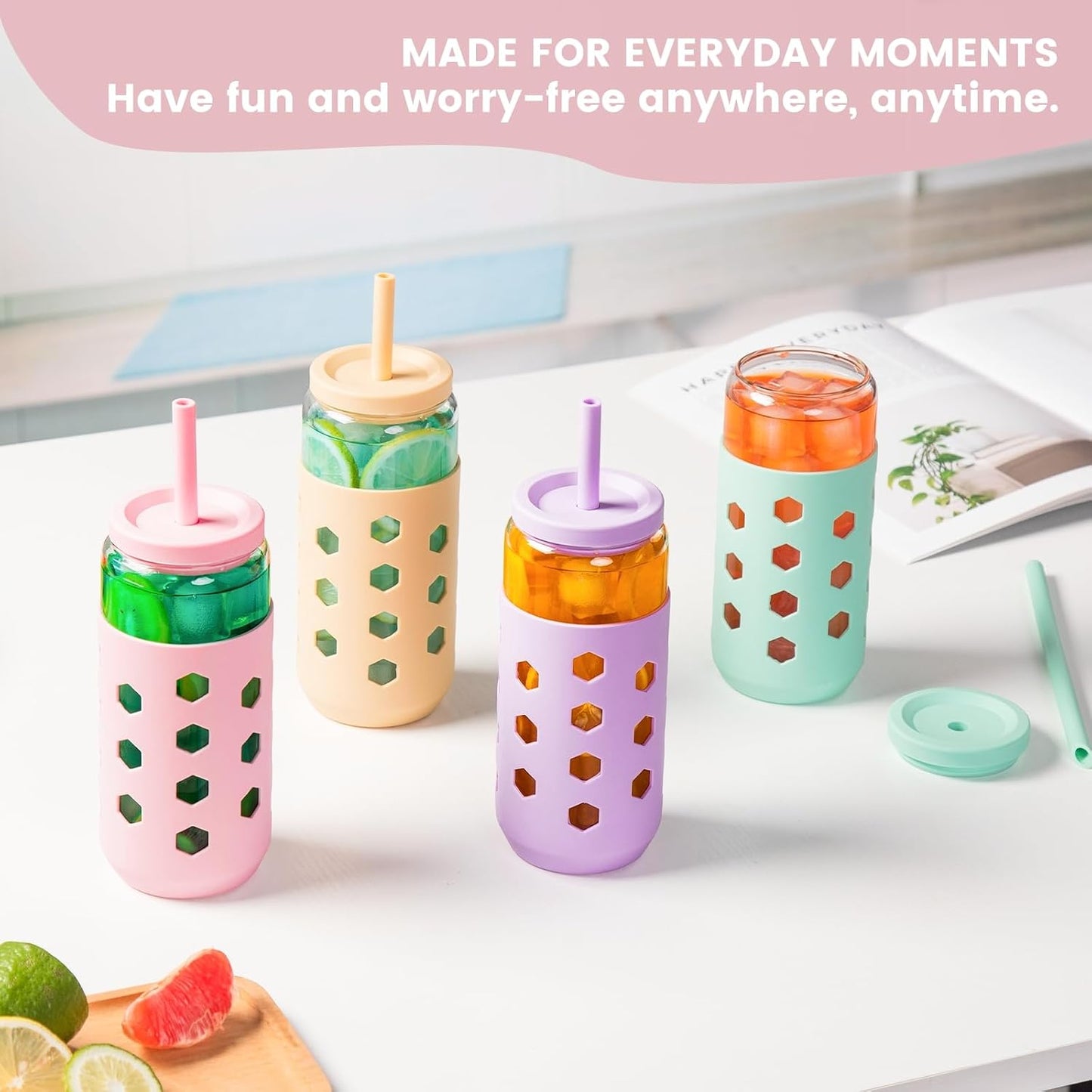 16 oz Glass Cups with Lids and Straws for Gift, 4-Pack, Mint | BPA-free Reusable Iced Coffee Cups with Silicone Sleeves, Dishwasher Safe Glass Drinking Tumbler for Smoothie, Juice & Tea