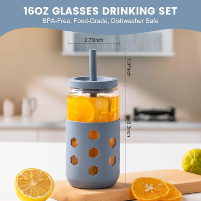 16 oz Glass Cups with Lids and Straws for Gift, 4-Pack, Mint | BPA-free Reusable Iced Coffee Cups with Silicone Sleeves, Dishwasher Safe Glass Drinking Tumbler for Smoothie, Juice & Tea