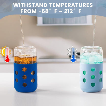 16 oz Glass Cups with Lids and Straws for Gift, 4-Pack, Mint | BPA-free Reusable Iced Coffee Cups with Silicone Sleeves, Dishwasher Safe Glass Drinking Tumbler for Smoothie, Juice & Tea
