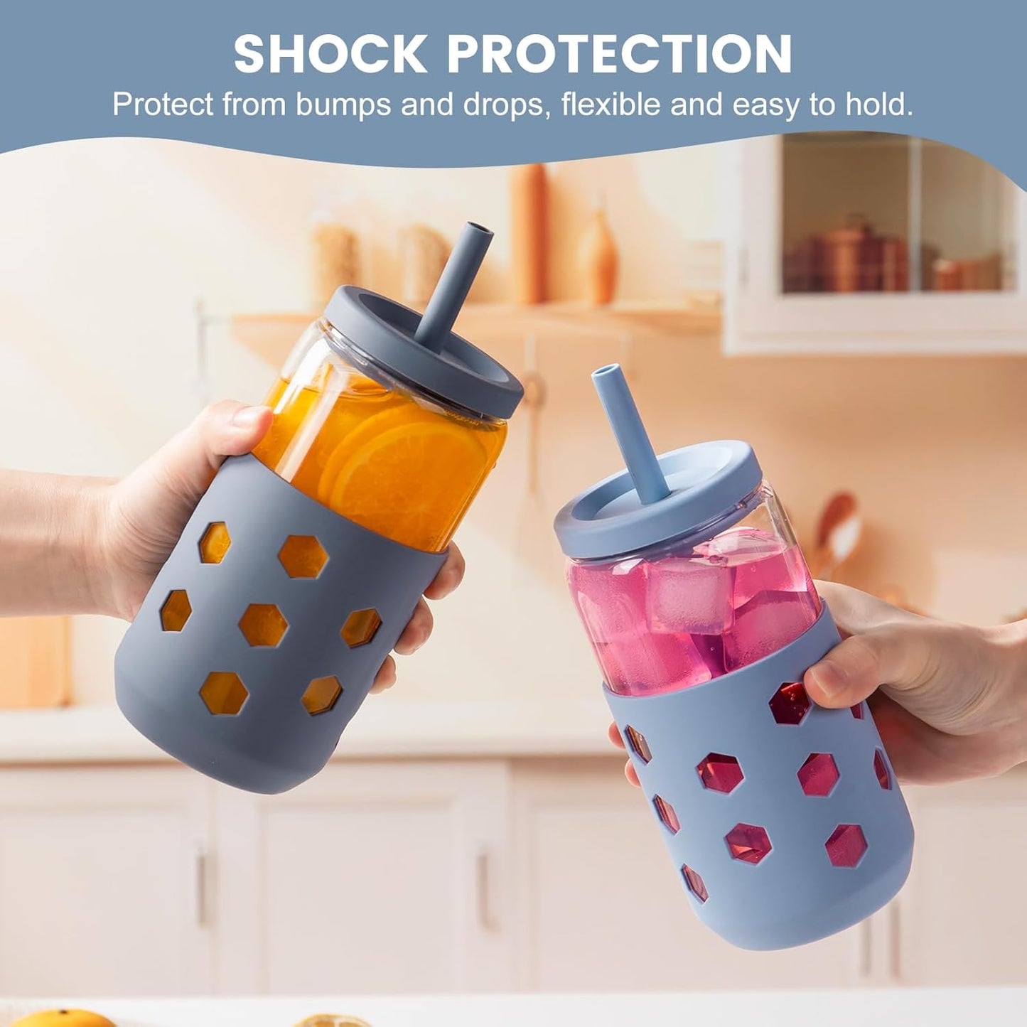 16 oz Glass Cups with Lids and Straws for Gift, 4-Pack, Mint | BPA-free Reusable Iced Coffee Cups with Silicone Sleeves, Dishwasher Safe Glass Drinking Tumbler for Smoothie, Juice & Tea