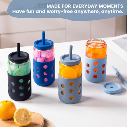 16 oz Glass Cups with Lids and Straws for Gift, 4-Pack, Mint | BPA-free Reusable Iced Coffee Cups with Silicone Sleeves, Dishwasher Safe Glass Drinking Tumbler for Smoothie, Juice & Tea
