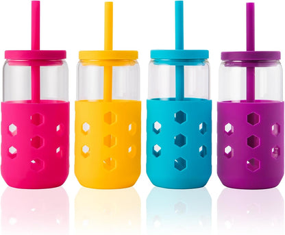 16 oz Glass Cups with Lids and Straws for Gift, 4-Pack, Mint | BPA-free Reusable Iced Coffee Cups with Silicone Sleeves, Dishwasher Safe Glass Drinking Tumbler for Smoothie, Juice & Tea