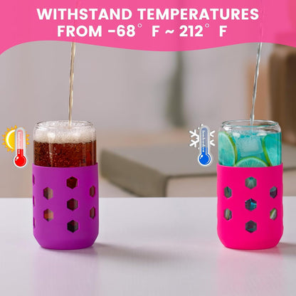 16 oz Glass Cups with Lids and Straws for Gift, 4-Pack, Mint | BPA-free Reusable Iced Coffee Cups with Silicone Sleeves, Dishwasher Safe Glass Drinking Tumbler for Smoothie, Juice & Tea