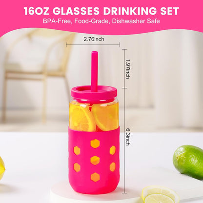 16 oz Glass Cups with Lids and Straws for Gift, 4-Pack, Mint | BPA-free Reusable Iced Coffee Cups with Silicone Sleeves, Dishwasher Safe Glass Drinking Tumbler for Smoothie, Juice & Tea