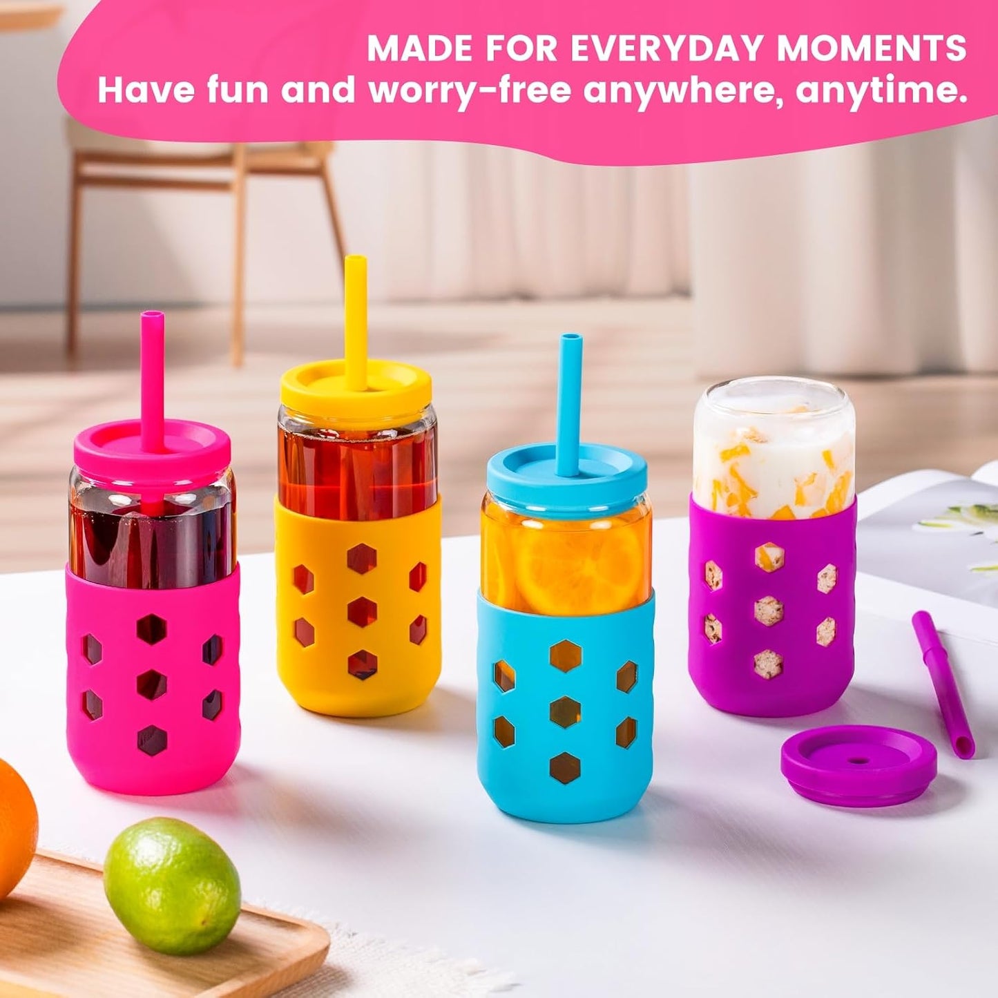 16 oz Glass Cups with Lids and Straws for Gift, 4-Pack, Mint | BPA-free Reusable Iced Coffee Cups with Silicone Sleeves, Dishwasher Safe Glass Drinking Tumbler for Smoothie, Juice & Tea