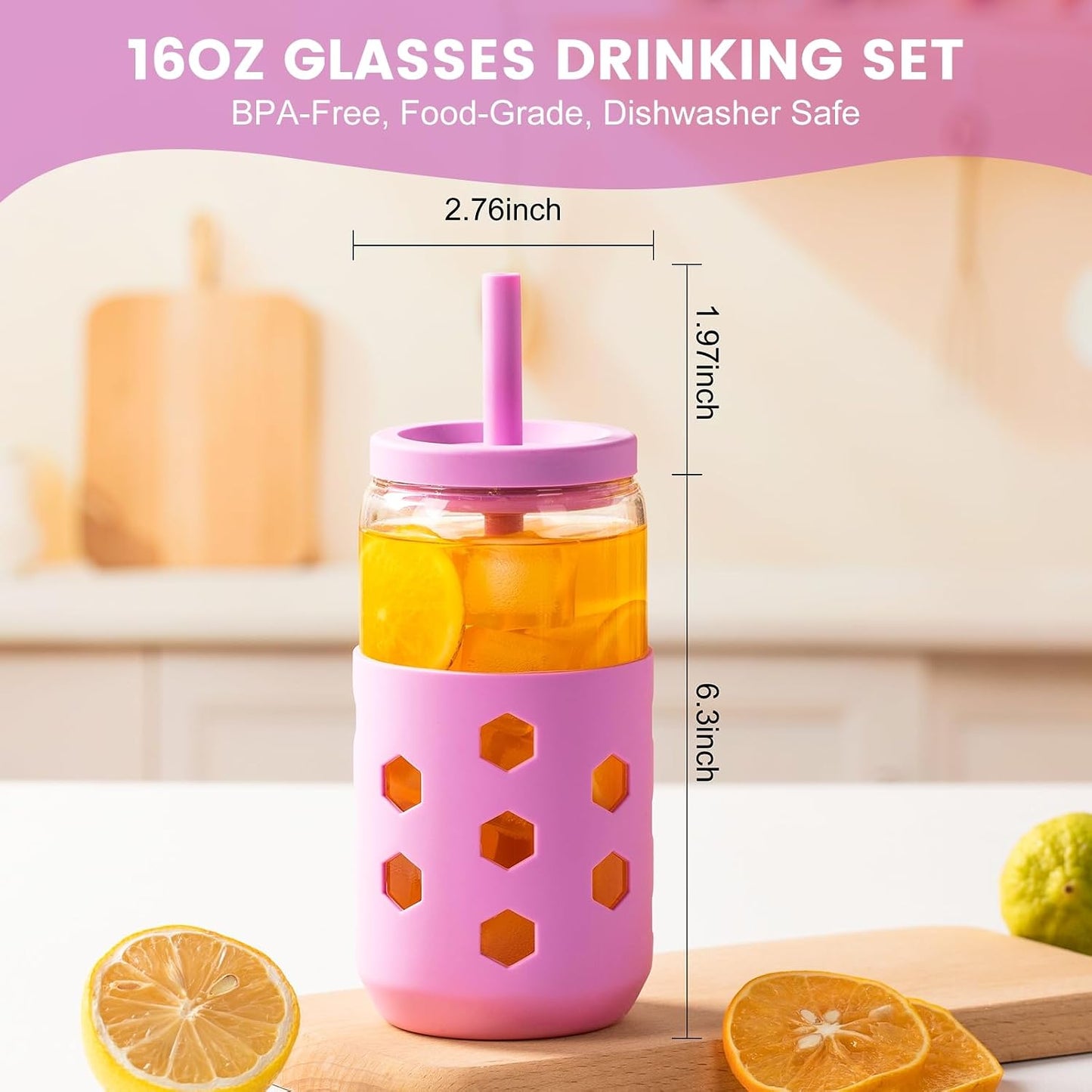 16 oz Glass Cups with Lids and Straws for Gift, 4-Pack, Mint | BPA-free Reusable Iced Coffee Cups with Silicone Sleeves, Dishwasher Safe Glass Drinking Tumbler for Smoothie, Juice & Tea