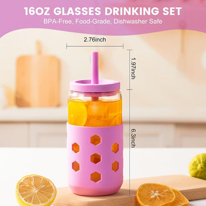 16 oz Glass Cups with Lids and Straws for Gift, 4-Pack, Mint | BPA-free Reusable Iced Coffee Cups with Silicone Sleeves, Dishwasher Safe Glass Drinking Tumbler for Smoothie, Juice & Tea
