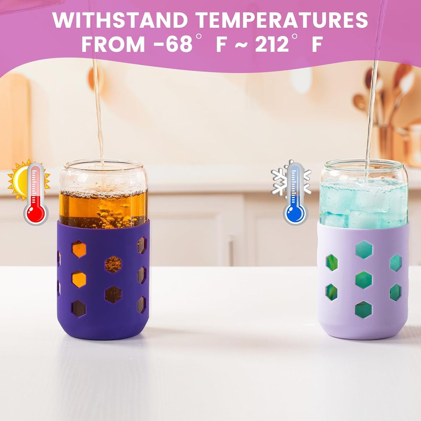 16 oz Glass Cups with Lids and Straws for Gift, 4-Pack, Mint | BPA-free Reusable Iced Coffee Cups with Silicone Sleeves, Dishwasher Safe Glass Drinking Tumbler for Smoothie, Juice & Tea