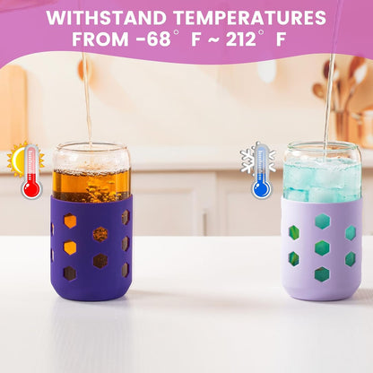 16 oz Glass Cups with Lids and Straws for Gift, 4-Pack, Mint | BPA-free Reusable Iced Coffee Cups with Silicone Sleeves, Dishwasher Safe Glass Drinking Tumbler for Smoothie, Juice & Tea