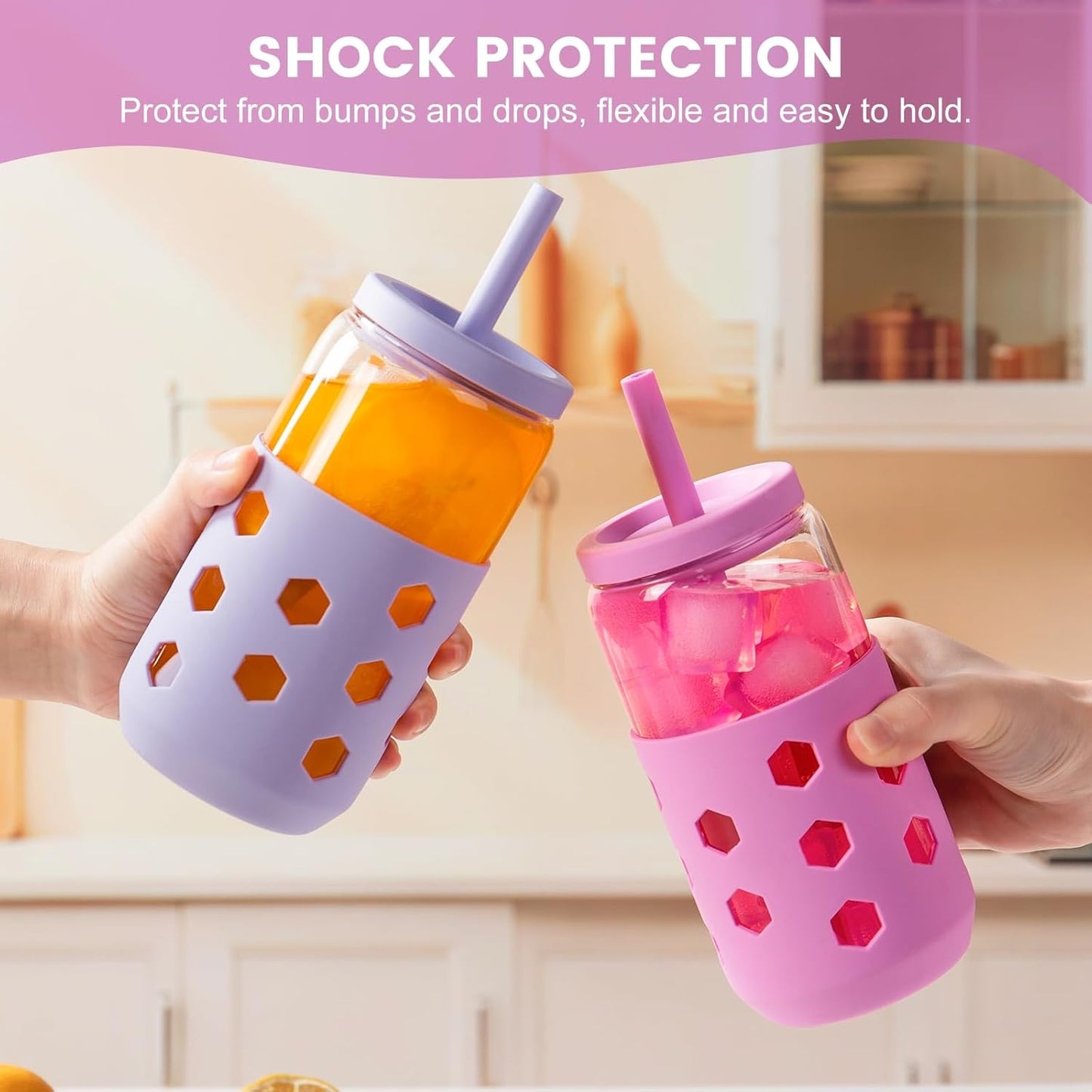 16 oz Glass Cups with Lids and Straws for Gift, 4-Pack, Mint | BPA-free Reusable Iced Coffee Cups with Silicone Sleeves, Dishwasher Safe Glass Drinking Tumbler for Smoothie, Juice & Tea