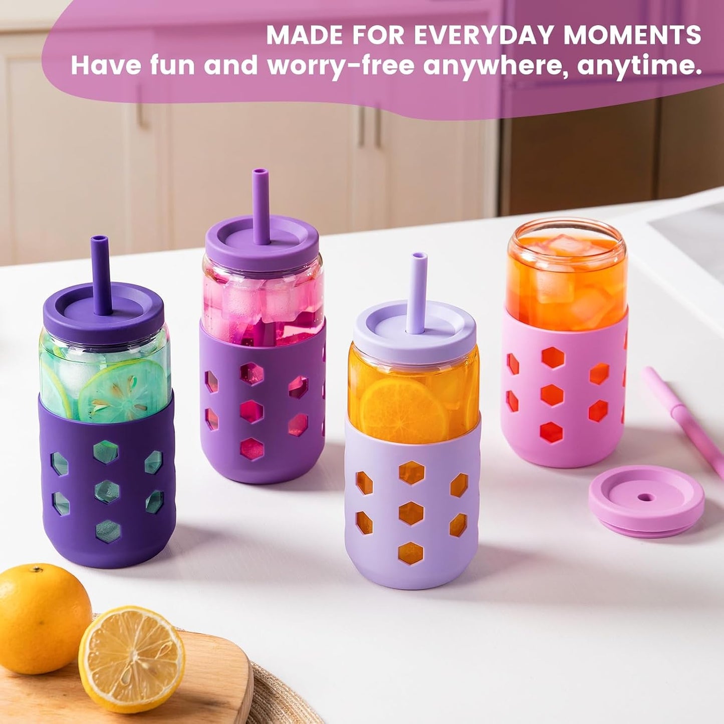 16 oz Glass Cups with Lids and Straws for Gift, 4-Pack, Mint | BPA-free Reusable Iced Coffee Cups with Silicone Sleeves, Dishwasher Safe Glass Drinking Tumbler for Smoothie, Juice & Tea