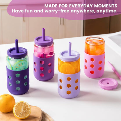 16 oz Glass Cups with Lids and Straws for Gift, 4-Pack, Mint | BPA-free Reusable Iced Coffee Cups with Silicone Sleeves, Dishwasher Safe Glass Drinking Tumbler for Smoothie, Juice & Tea